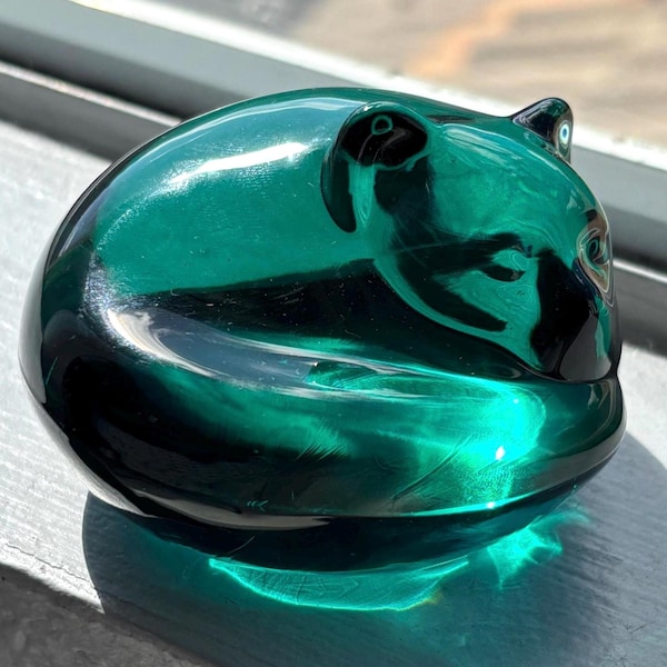 Vintage Emerald Green Crystal Sleeping Fox Paperweight, Made in Germany, Art Glass Animal Figurine