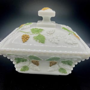 Westmoreland Milk Glass Gold Grape Square Candy Dish with Lid