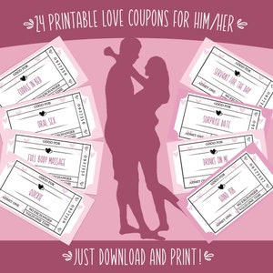 24 Printable Love Coupons | Dirty Coupons for Him Or for Her | Valentines Day | Romantic Gift