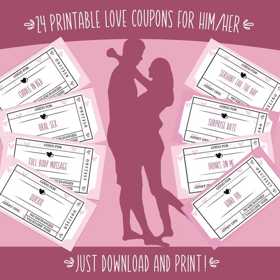 24 Printable Love Coupons | Dirty Coupons for Him Or for Her | Valentines Day | Romantic Gift