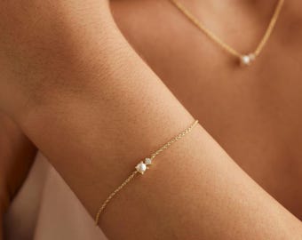 Minimalist Pearl Bracelet: 18k Gold CZ Diamond, Sterling Silver