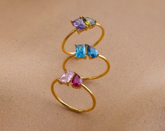 Dual Edelstein Ring • Smaragd und Birthstone Ring • Vintage Schmuck • Perfektes Paar Geschenk • Geschenk für Sie • Toi et Moi Ring