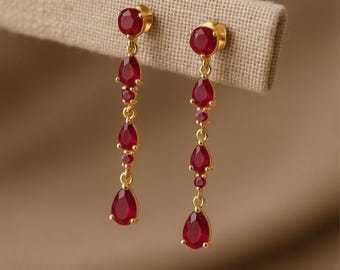 Gold Ruby Dangle Earrings: Minimalist July Birthstone Jewelry