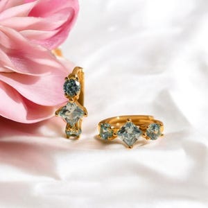 Blue Topaz Huggie Hoops: Dainty Gold Sterling Silver Earrings