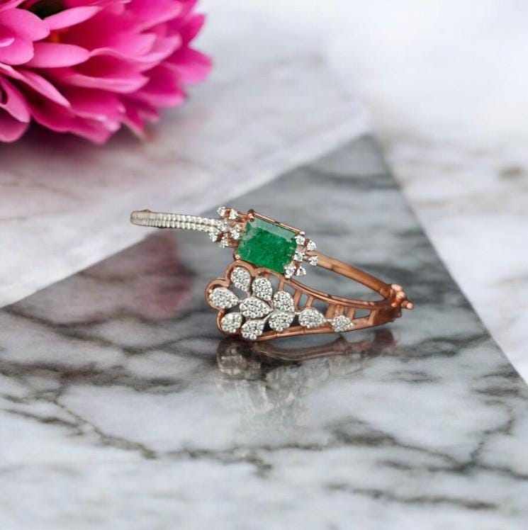 Natural Emerald Bangle by Pashi Minimalist - 18k Pave Diamond Jewelry - Statement Emerald Jewelry for Women - Gift for Her *NELLY BRACELET*