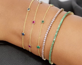 14K 18K Gold Ruby Station Bracelet, July Birthstone Bracelet, Minimal Sleek Bracelet, Birthstone Bracelet,Mother&#39;s Day Gift for Women