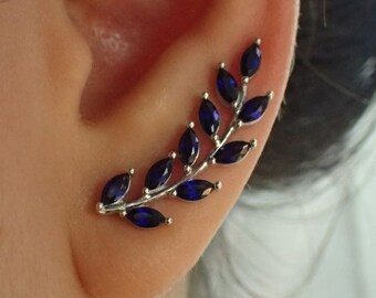 Sapphire Climber Earrings • Dainty Ear Climber • Minimalist Sapphire Jewelry • 925 Sterling Silver • Birthday Gift