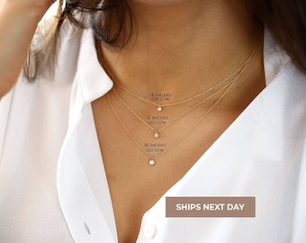 Zierliche Diamant Solitär Halskette, 14k Vergoldetes Sterling Silber