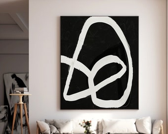 Arte della decorazione della parete nera per camera da letto minima, pittura semplice in bianco e nero per la camera Boho, arte moderna con linea sottile, arte della parete nera beige