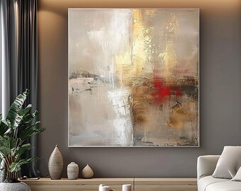 Modern Soft Beige Tones With Gold Texture Art, Unique Hand-Painted Beige Home Decoration, Original Office Interiors, Scandinavian Art