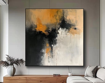 Arte abstracto de inspiración moderna de gran tamaño negro mostaza, obras de arte de lienzo de estilo contemporáneo de lujo, decoración de pared mínima para el hogar, regalo para mamá papá