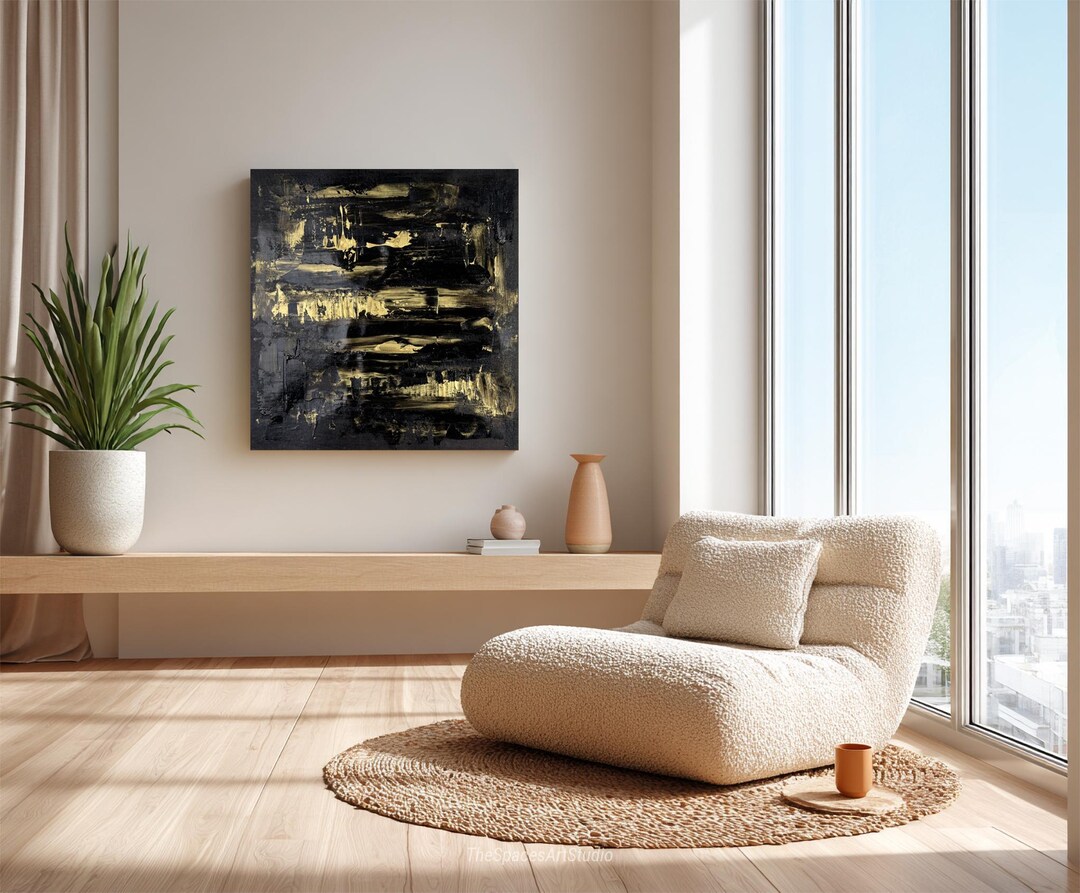 Black and Gold Abstract Original Painting, Textured Modern Canvas Art ...