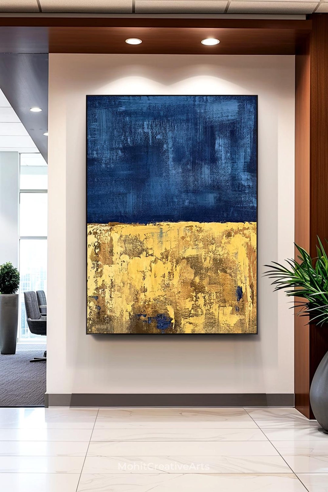 Blue Gold Abstract Wall Art for Sale, Large Textured Canvas Painting ...