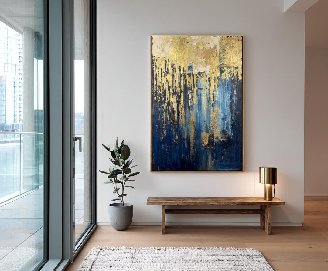 Blue and Gold Abstract Painting, Textured Handmade Canvas Art, for ...