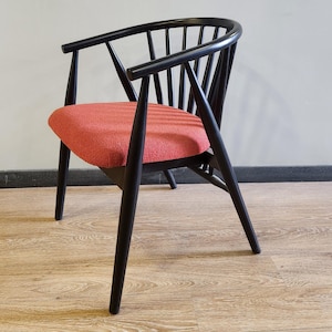 Handcrafted Beech Wood Armchair with Red Upholstery, Modern Spindle Back Chair for Living Room or Office