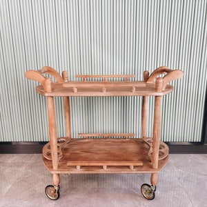 手作りの木製バーカート | ボトルホルダー付きローリングティートロリー | 素朴なキッチン&ダイニングサービングカート
