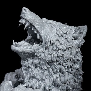 May include: A 3D printed sculpture of a wolf howling with its mouth open, showing its teeth. The wolf is made of a light gray material and has a detailed, textured surface.