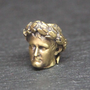 May include: A gold-colored metal sculpture of a man's head wearing a laurel wreath.