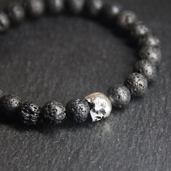 Perle de lave en paulum 8 mm / Bracelet tête de mort en argent / Bracelet en pierre de lave naturelle de 0,3 po.