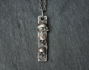 Silver Skull pendant  / Rustic skull necklace / Hammered bar with skull