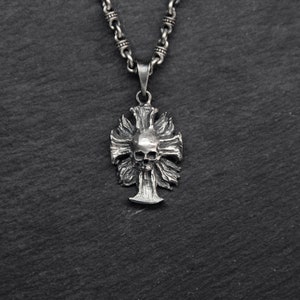 Skull cross necklace - Cross with a flame sterling silver skull pendant