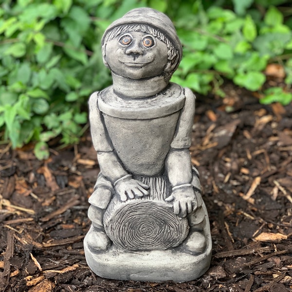 Sculpture garçon souriant en pierre, figurine homme assis en béton, statue de bûcheron en plein air, décoration de jardin en ciment, ornement de maison, cadeau pour les parents