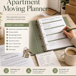 May include: An apartment moving planner with a green binder, checklists, and a notepad. The planner includes a timeline, packing checklist, and budget tracker. A cup of coffee and keys are also visible.