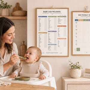 Puede incluir: Una madre alimenta a un bebé en una trona. Dos impresiones enmarcadas cuelgan de la pared: una titulada "Baby Led Weaning" y la otra "BLW Weekly Tracker". Las impresiones están en marcos de madera. Un pequeño cuenco y una cuchara verdes están en la bandeja.