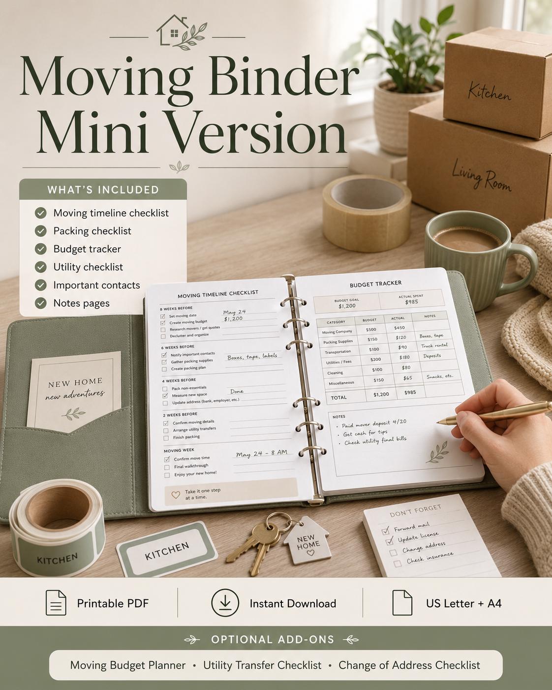 Moving Binder Mini Printable, Moving Planner Checklist, Budget Tracker ...