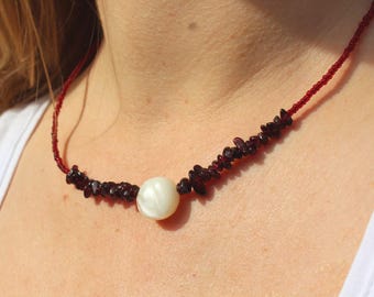 The Matilda - Freshwater Pearl + Garnet - 17"