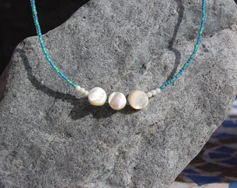 The Eleanore - Vintage Mother of Pearl & Blue Seed Bead Choker - 15.5"