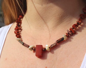 Red Agate, Ocean Jasper, Mother of Pearl Necklace – 19" Beaded Gemstone Jewelry