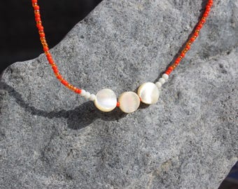 The Eleanore - Vintage Mother of Pearl + Orange Seed Beads - 18.5"