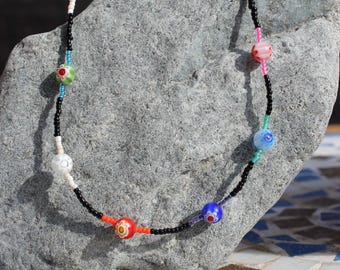 The Anna - Millefiori Glass Daisy Rainbow Bead Necklace - 17.5"