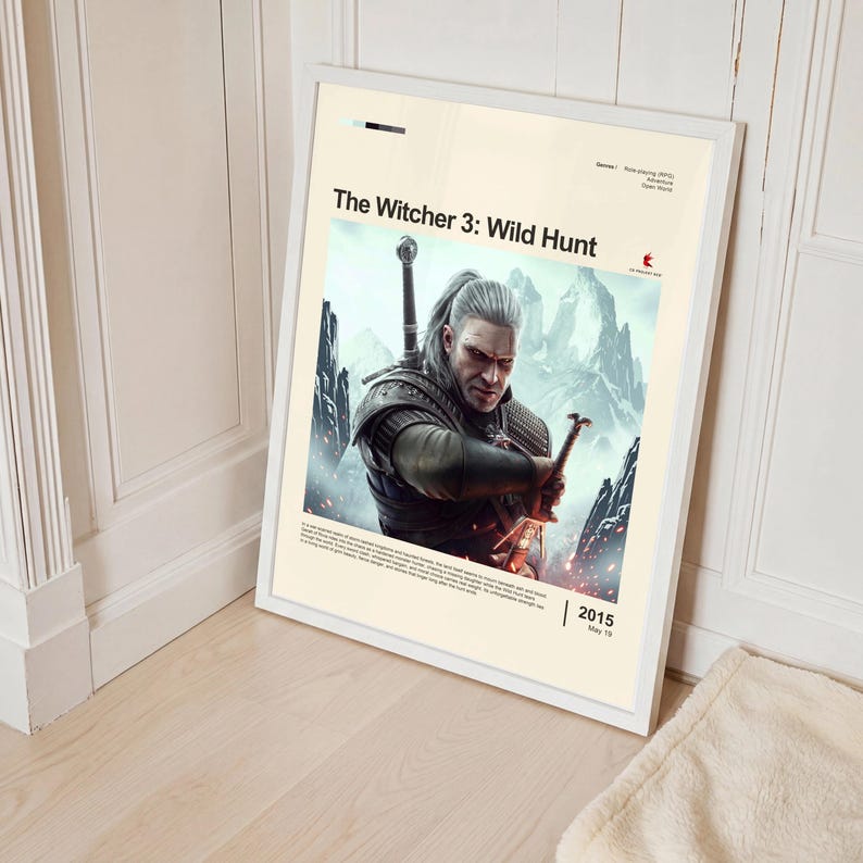 The Witcher 3: Wild Hunt poster framed in white on mint green wall