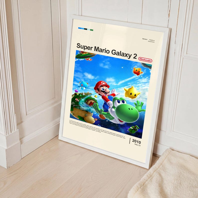 Super Mario Galaxy 2 poster framed in white on classic corner