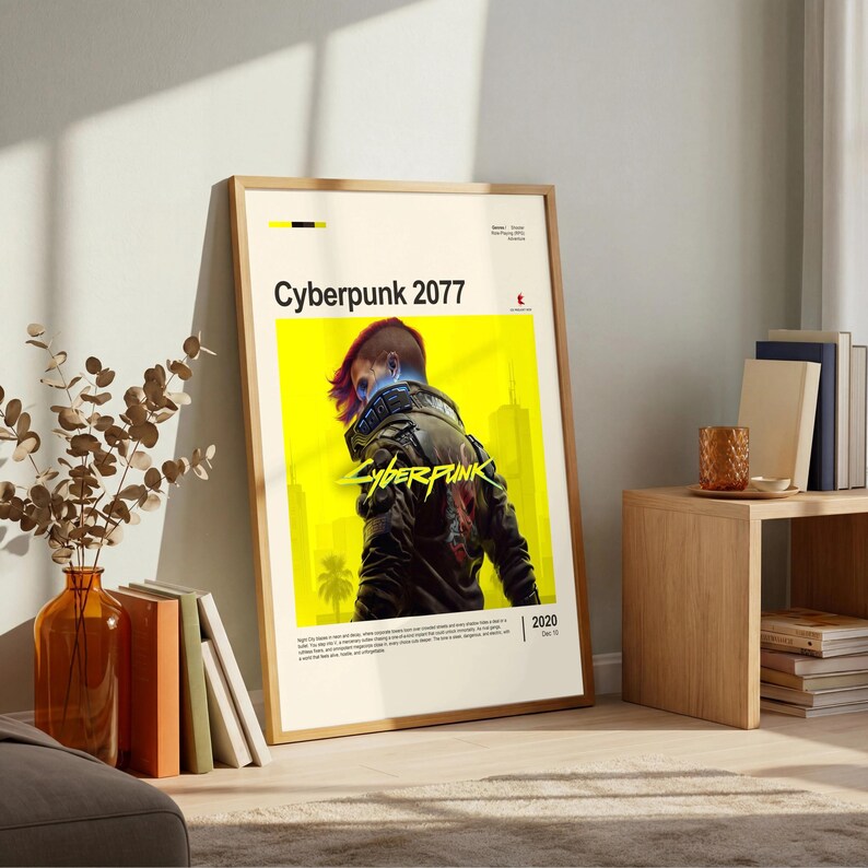 Cyberpunk 2077 poster framed in oak on warm living room