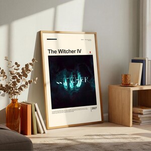 The Witcher IV poster framed in oak on warm living room