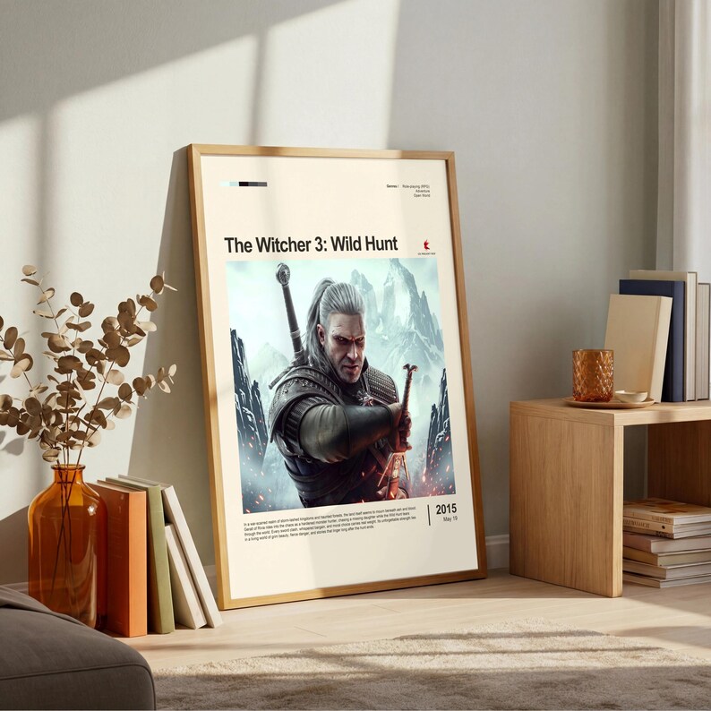 The Witcher 3: Wild Hunt poster framed in oak on warm living room