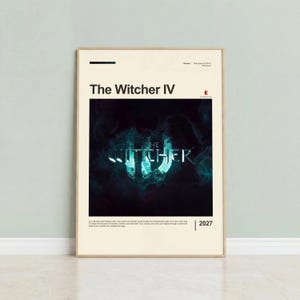 The Witcher IV poster framed in oak on mint green wall