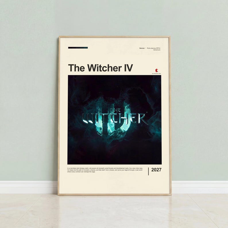 The Witcher IV poster framed in oak on mint green wall