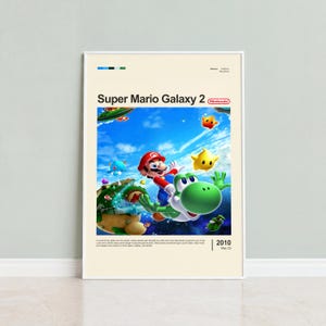 Super Mario Galaxy 2 poster framed in white on mint green wall
