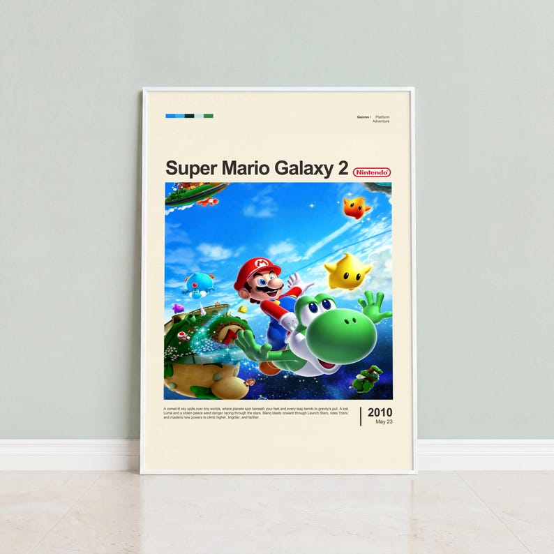 Super Mario Galaxy 2 poster framed in white on mint green wall