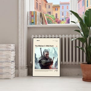 The Witcher 3: Wild Hunt poster framed in black on italian radiator