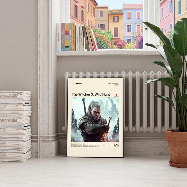 The Witcher 3: Wild Hunt poster framed in black on italian radiator