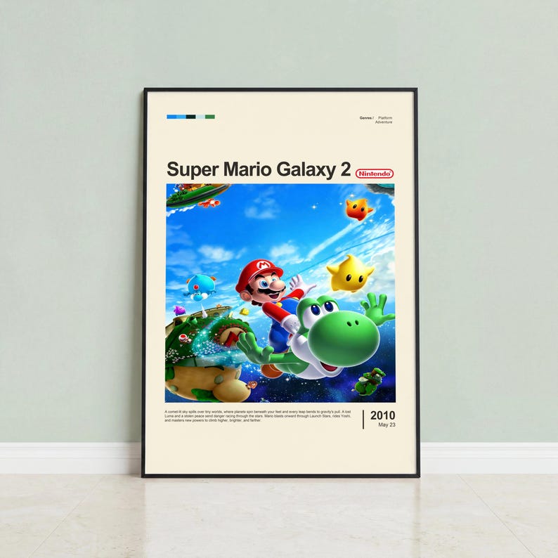 Super Mario Galaxy 2 poster framed in black on mint green wall
