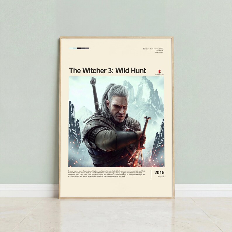 The Witcher 3: Wild Hunt poster framed in white on classic corner