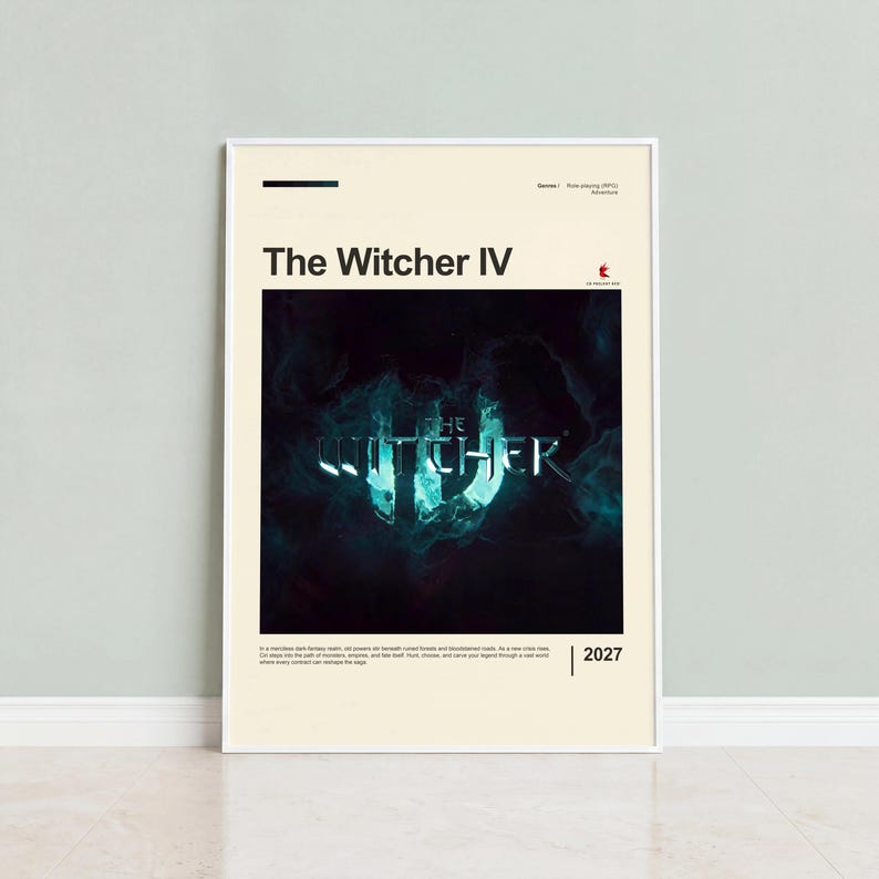 The Witcher IV poster framed in white on mint green wall