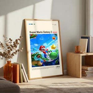 Super Mario Galaxy 2 poster framed in oak on warm living room