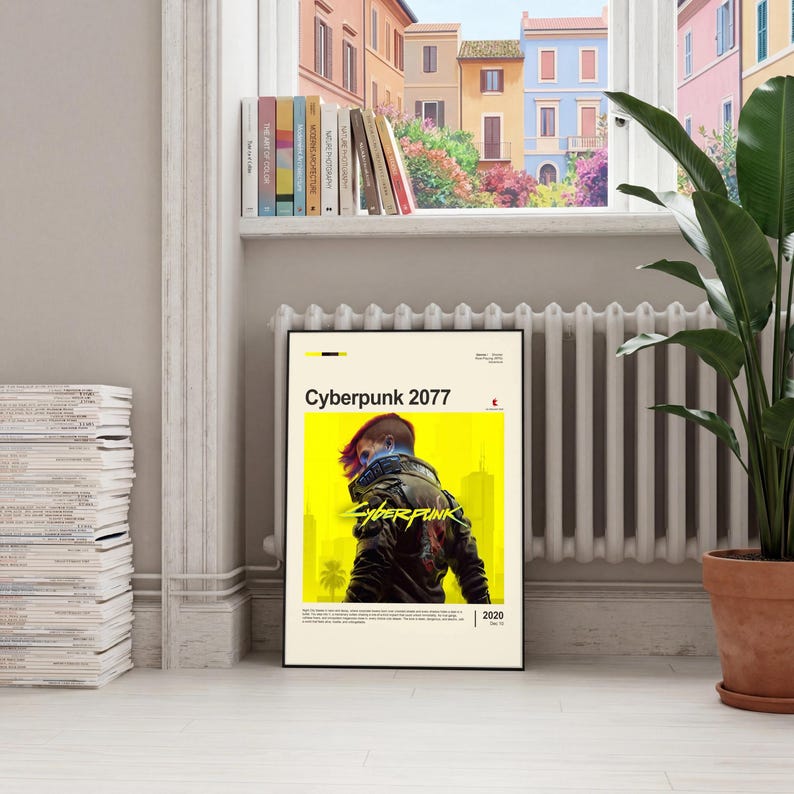 Cyberpunk 2077 poster framed in black on italian radiator